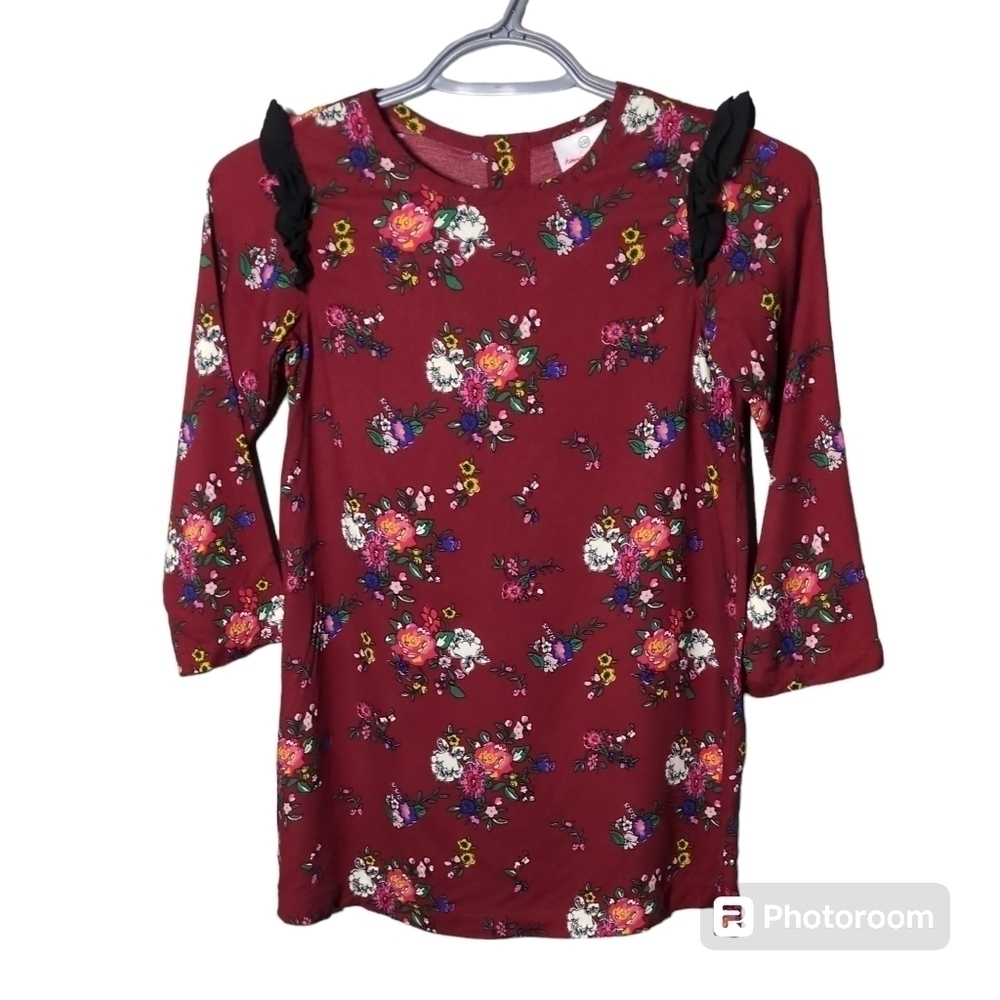 Hanna Andersson Maroon Floral Ruffle Shoulder LS Rayon Dress/Tunic Size 5 110cm